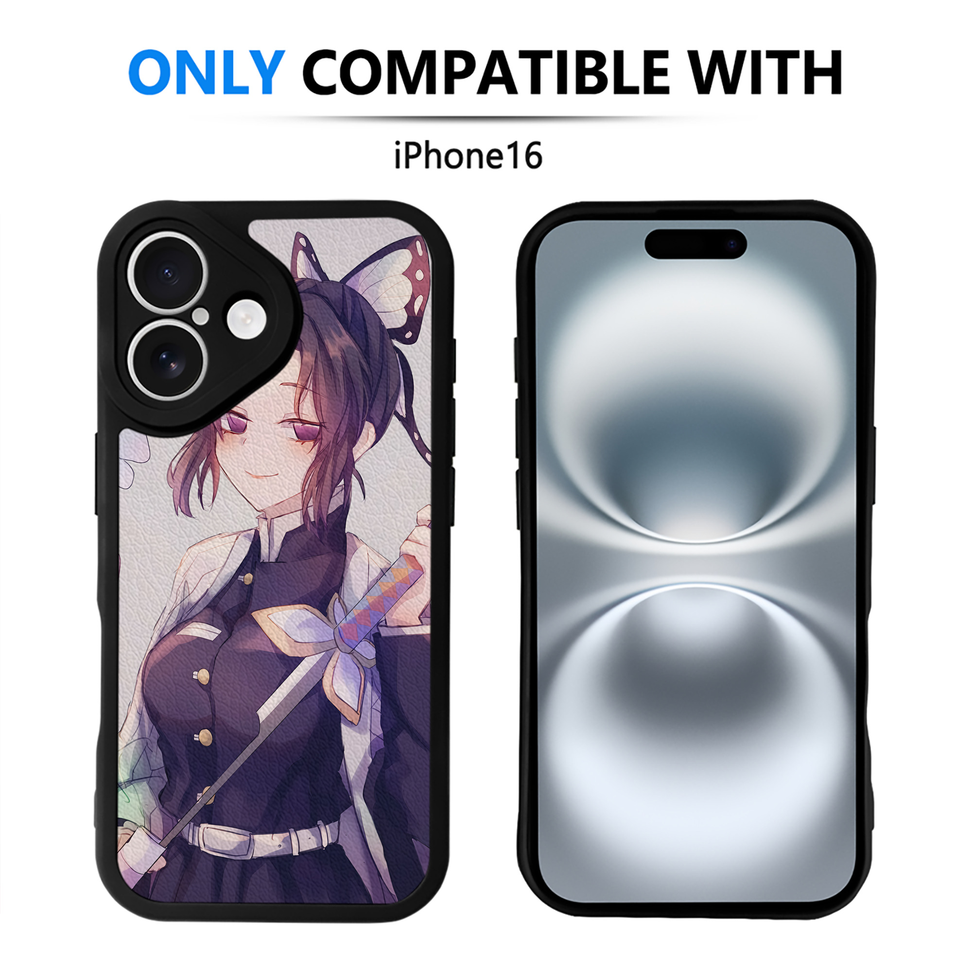 （画像用） 鬼滅の刃（きめつのやいば）蟲柱-胡蝶 しのぶ／こちょう しのぶ Kochou Shinobu 【iPhone 16シリーズ対応】シリコンスマホケース（レザー調） 材質：シリコン